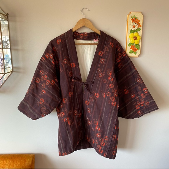 Handmade Vintage Floral Jacket Robe Brown and Orange - Picture 2 of 10